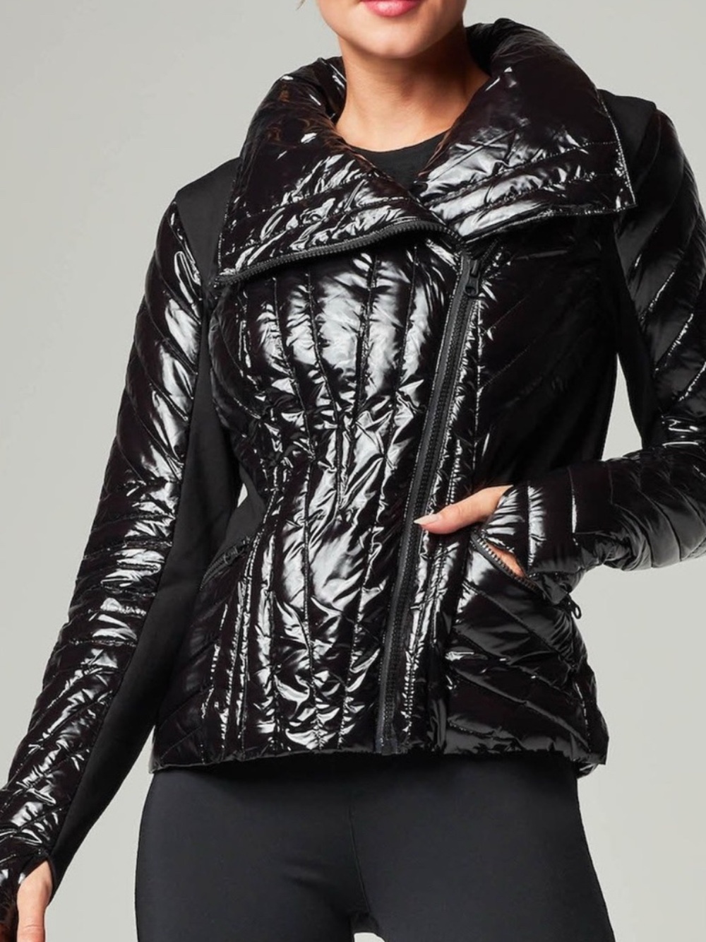 blanc noir Glossy Black Quilted Asymmetric Zip Jacket